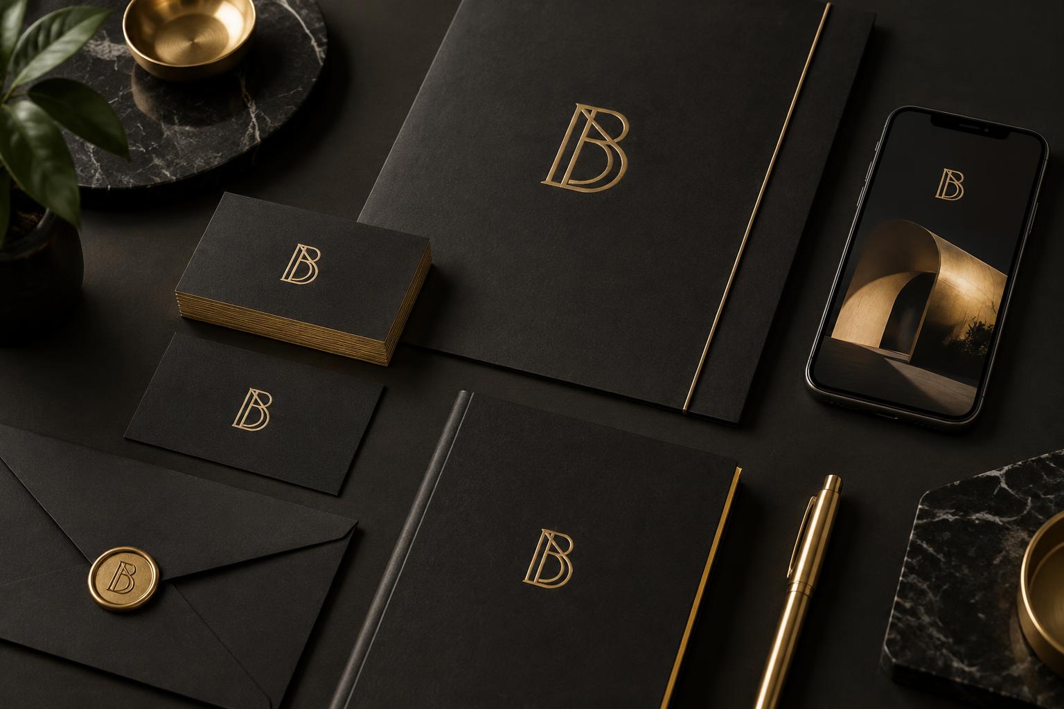 Demonstration black-and-gold brand identity with business cards and stationery